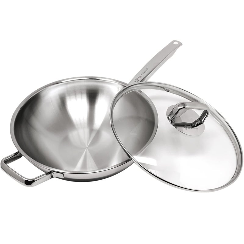 BUFFALO Clad Stainless Steel Wok Pan with Lid Flat Bottom 12 inch (30cm) - Small Stir Frying Pan with Stay-Cool Long Handle - Tri-Ply Nonstick Deep Cooking Pot for Induction/Electric/Gas Stoves - Image 1